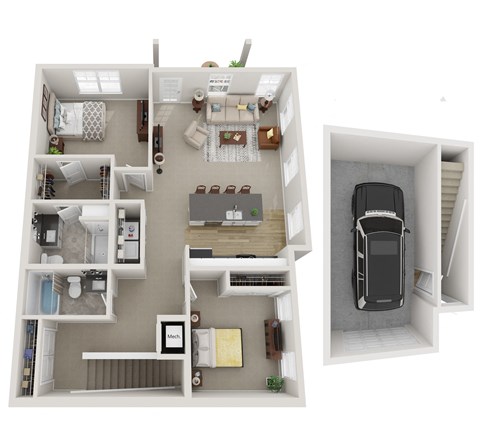 Floor plan for 2 beds, 2 baths, 1227 sqft